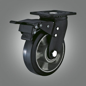 Heavy Duty Caster Series - Black Galvanized Rubber (Aluminium Core) Top Plate Caster - Total Lock